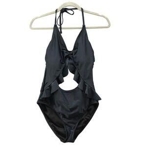 Bleu Ice Ruffle Cutout One Piece Swimsuit Womens M Black Padded Halter Tie